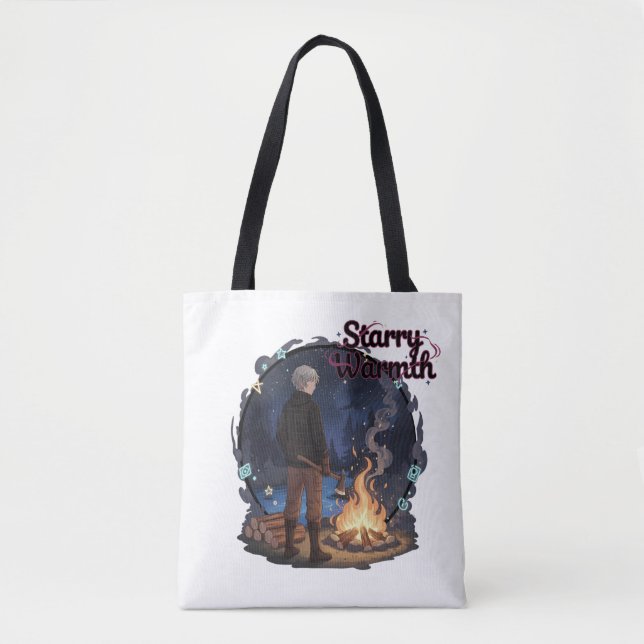 Starry Warmth - Lumberjack Anime Boy by Campfire Tote Bag (Front)