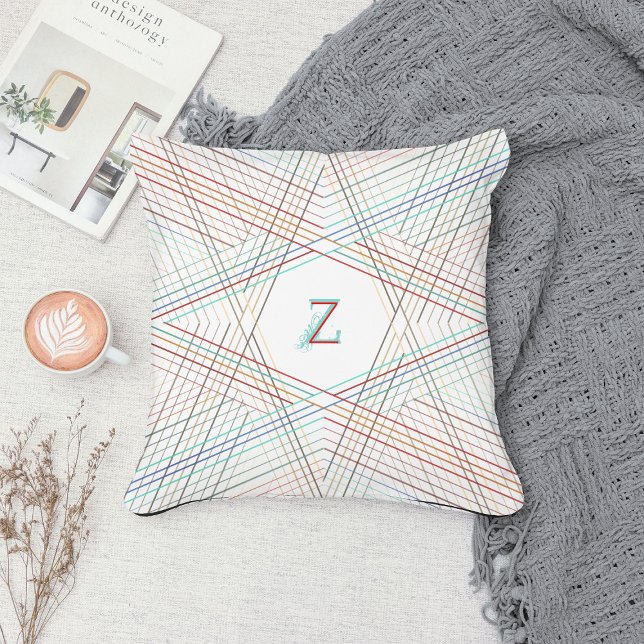 Starry White Monogram • Geometric star • Art Deco Throw Pillow (Creator Uploaded)