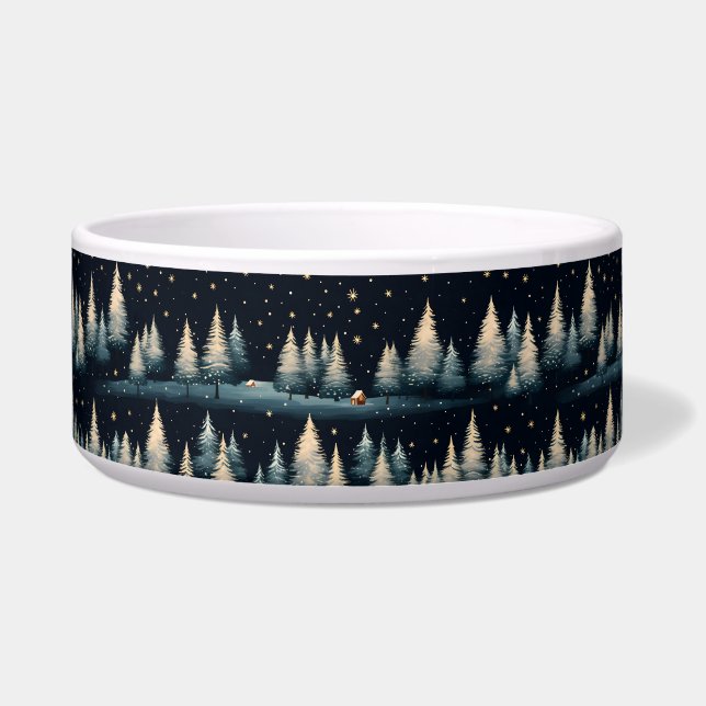 Starry Winter Forest Night Ceramic Pet Bowl (Front)