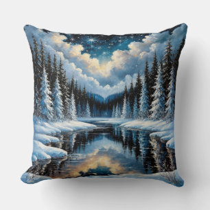 Starry Winter Landscape with Snowy Trees Throw Pillow