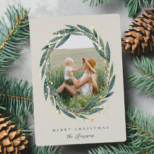 Starry Winter Laurel Photo Foil Holiday Card