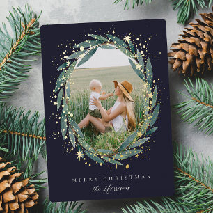 Starry Winter Laurel Photo Foil Holiday Card
