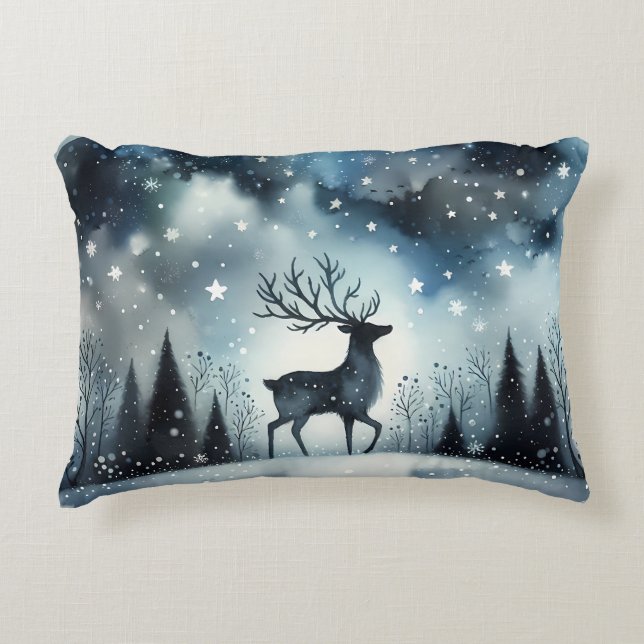 Starry Winter Night Deer Accent Pillow (Front)