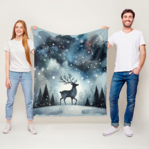 Starry Winter Night Deer  Fleece Blanket