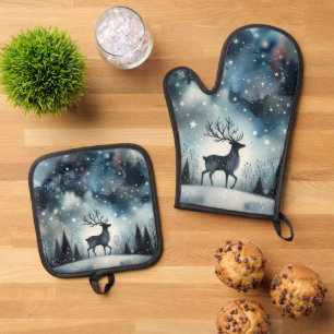 Starry Winter Night Deer  Oven Mitt & Pot Holder Set