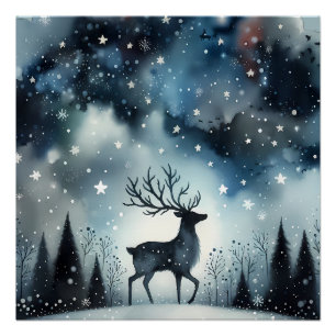Starry Winter Night Deer  Poster