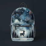 Starry Winter Night Deer  Printed Backpack<br><div class="desc">A graceful stag stands beneath a shimmering winter sky, framed by snow-dusted pines and delicate bare trees. The deep midnight blues fade into frosty whites, while stars and snowflakes scatter like jewels across the heavens. This dreamy woodland scene captures the quiet wonder of a snowy night, blending cottagecore warmth with...</div>
