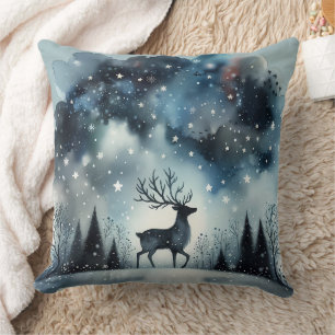 Starry Winter Night Deer Throw Pillow
