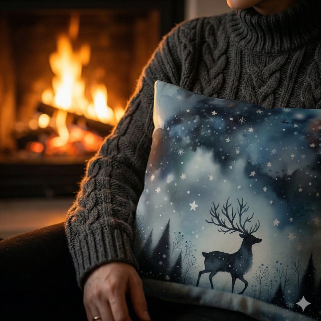 Starry Winter Night Deer Throw Pillow (Starry Winter Night Deer Throw Pillow)