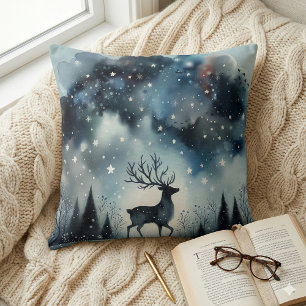 Starry Winter Night Deer Throw Pillow