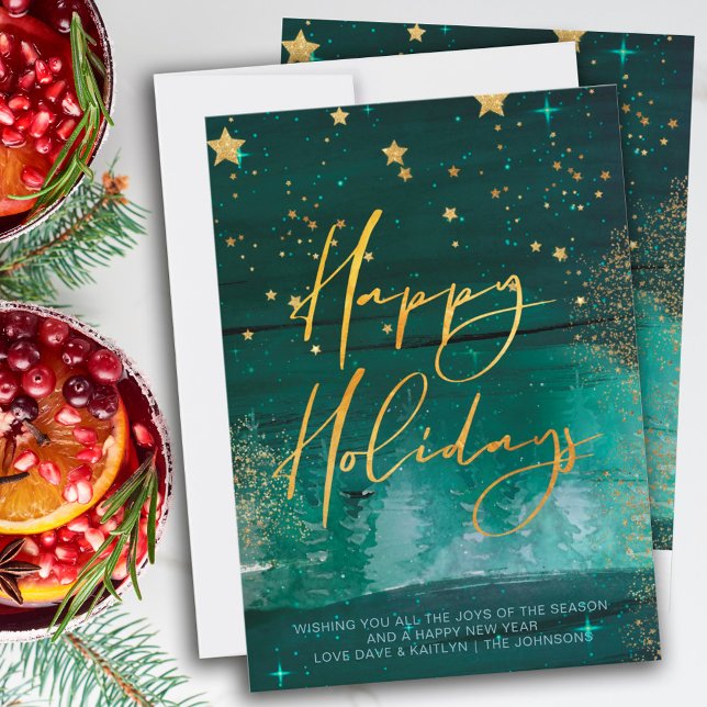 Starry Winter Night Happy Holidays Green Gold Holiday Card (Creator Uploaded)