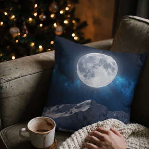 Starry Winter Night Landscape Throw Pillow