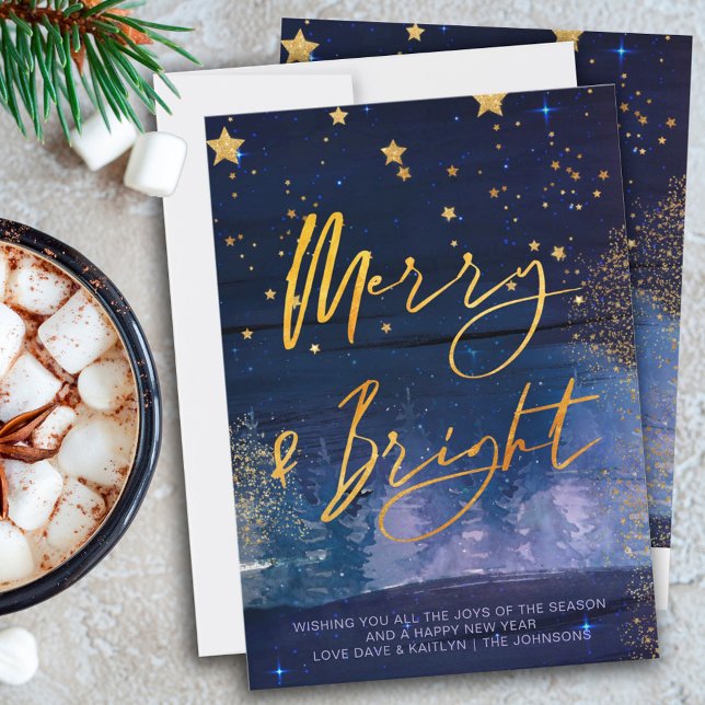 Starry Winter Night Merry and Bright Blue and Gold Holiday Card (Creator Uploaded)