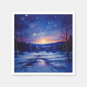 Starry Winter Night Painting with Snow Covered  Napkin