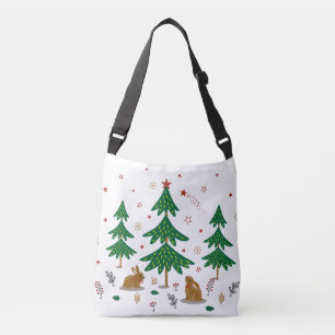 Starry Woodland Christmas Forest Rabbits Crossbody Bag