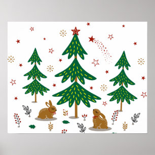 Starry Woodland Christmas Forest Rabbits Poster