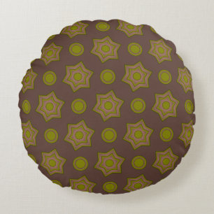 Stars and circles in brown and green round pillow