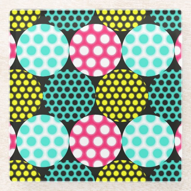 Stars and circles, multicolor pop pattern. glass coaster (Front)