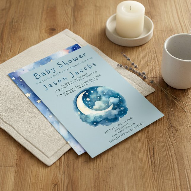 Stars and moon baby shower blue invitation (Stars and moon baby shower blue invitation with fluffy clouds and dreamy crescent moon.)