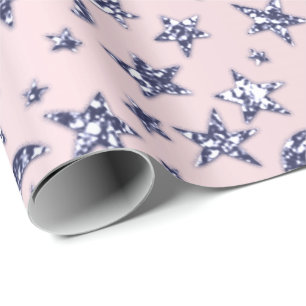 Stars And Moon Pink Blue Navy Sparkly Pastel Wrapping Paper