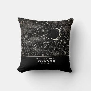 Stars and Moon Starry Night Celestial Black Throw Pillow