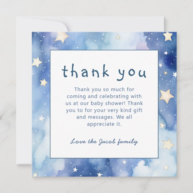 Stars and night sky baby shower blue thank you invitation (Front)