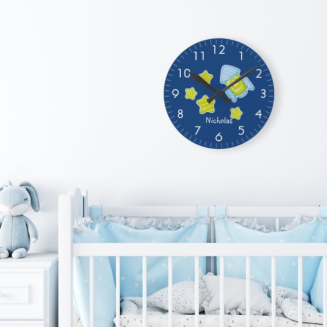 Stars and Rocket Nursery Monogrammed Round Clock (Creator Uploaded)