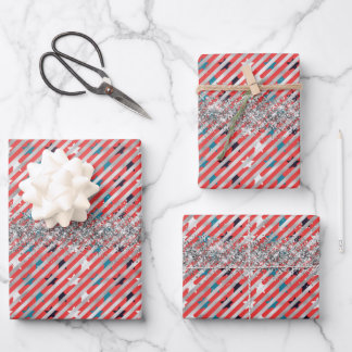 Stars And Silver Stripes Glitter Independence Day Wrapping Paper Sheet