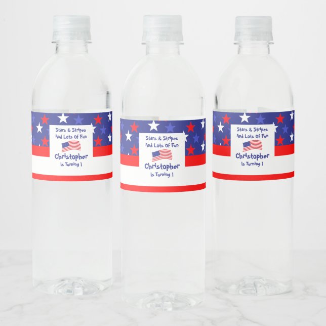 Stars and Stripes 1st Birthday Water Bottle Label (Bottles)