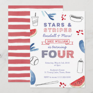 Stars and Stripes 4th Birthday Baseball Party Invitation