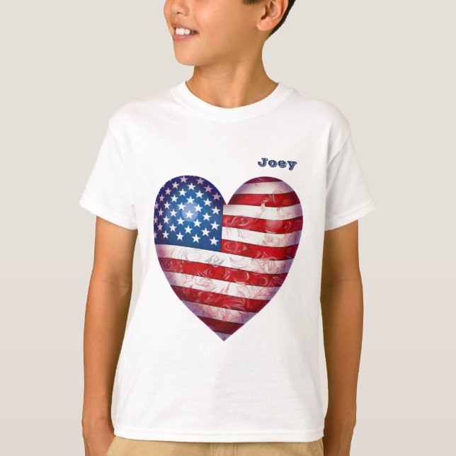 "Stars and Stripes" Heart Shaped with Name Boy's T-Shirt (Front)