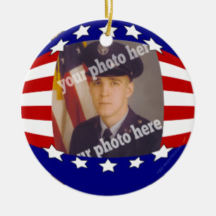 Stars and Stripes Patriotic Custom Photo Red White Ceramic Ornament