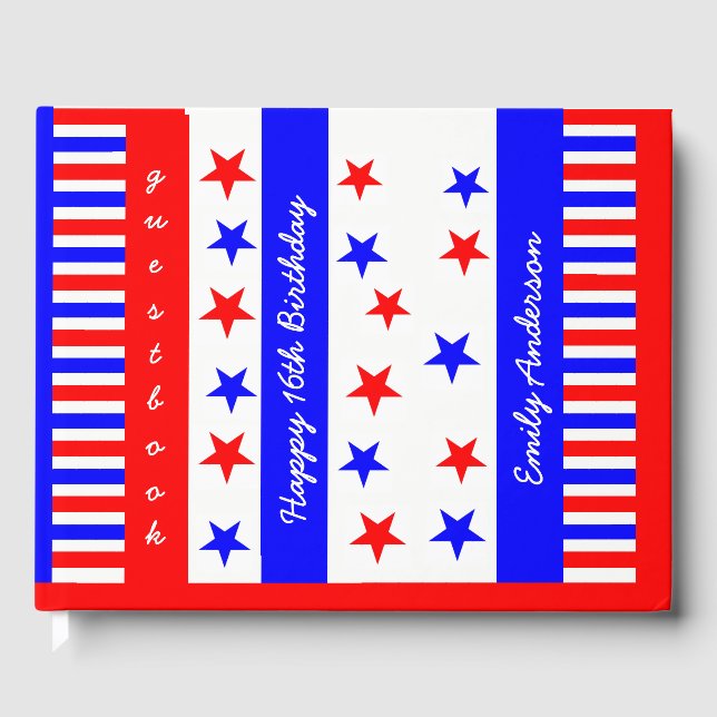 Stars and Stripes Pattern USA Sweet 16 Typography Guest Book (Front)