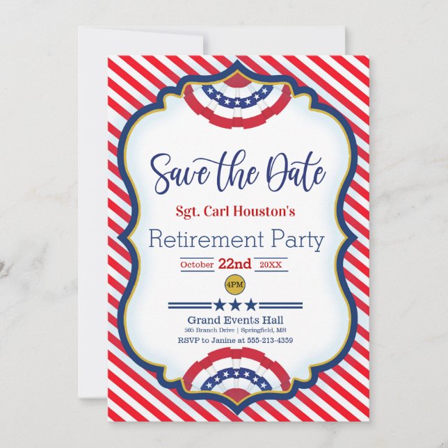 Stars and Stripes Save The Date Retirement Party Card (Front)