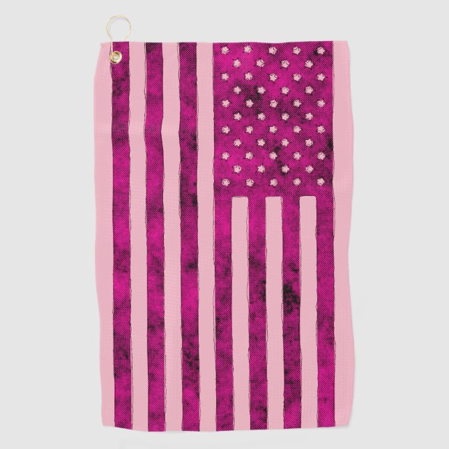 Stars And Stripes US Flag Sketchy Design in Pink  Golf Towel (Front)