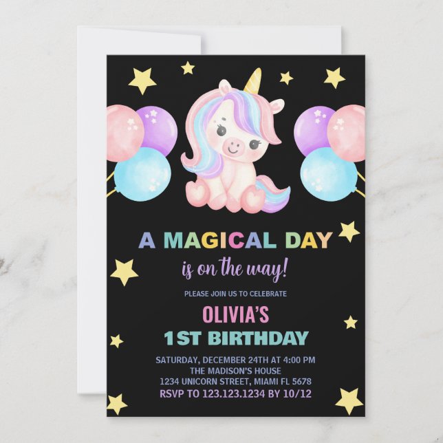 Stars Ballons Unicorn Invitations d'anniversaire (Devant)
