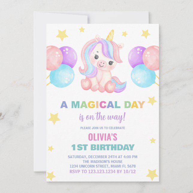 Stars Ballons Unicorn Invitations d'anniversaire (Devant)