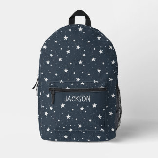 Stars Boho Modern Kids Name Dark Blue Sky School Printed Backpack