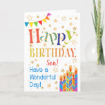 Stars, Bunting, Candles for a Son Birthday Card<br><div class="desc">A colourful, text-based Birthday Card for a Son, with Polka Dot Bunting, bright, striped birthday cake candles and sprinkled with gold-effect stars. The patterned text says, 'Happy Birthday' and there is also 'Have a wonderful day!' in blue lettering (NB the gold effect stars and outlines will be as seen and...</div>