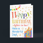 Stars, Bunting, Candles for Father-in-Law Birthday Card<br><div class="desc">A colourful, text-based Birthday Card for a Father-in-Law, with Polka Dot Bunting, bright, striped birthday cake candles and sprinkled with gold-effect stars. The patterned text says, 'Happy Birthday' and there is also 'Have a wonderful day!' in blue lettering (NB the gold effect stars and outlines will be as seen and...</div>