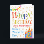 Stars, Bunting, Candles Great Grandma Birthday Card<br><div class="desc">A colourful, text-based Birthday Card for a Great Grandmother, with Polka Dot Bunting, bright, striped birthday cake candles and sprinkled with gold-effect stars. The patterned text says, 'Happy Birthday' and there is also 'Have a wonderful day!' in blue lettering (NB the gold effect stars and outlines will be as seen...</div>