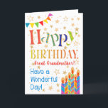 Stars, Bunting, Candles Great Grandma Birthday Card<br><div class="desc">A colourful, text-based Birthday Card for a Great Grandmother, with Polka Dot Bunting, bright, striped birthday cake candles and sprinkled with gold-effect stars. The patterned text says, 'Happy Birthday' and there is also 'Have a wonderful day!' in blue lettering (NB the gold effect stars and outlines will be as seen...</div>