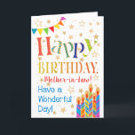 Stars, Bunting, Candles Mother-in-Law Birthday Card<br><div class="desc">A colourful, text-based Birthday Card for a Mother-in-Law, with Polka Dot Bunting, bright, striped birthday cake candles and sprinkled with gold-effect stars. The patterned text says, 'Happy Birthday' and there is also 'Have a wonderful day!' in blue lettering (NB the gold effect stars and outlines will be as seen and...</div>