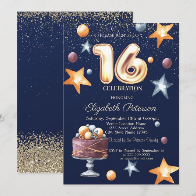 Stars Cake Confetti Diamond Sweet 16 Invitation (Front/Back)