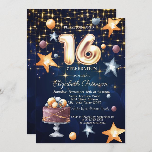 Stars Cake Navy Blue Sweet 16 Invitation (Front/Back)