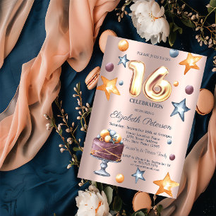 Stars Cake Rose Gold Balloons Sweet 16 Invitation