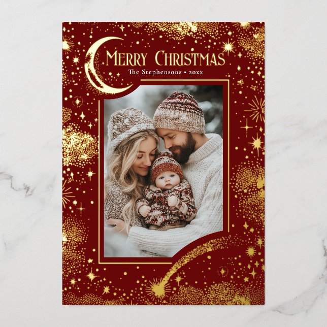 Stars Celestial Magical Merry Christmas Photo Foil Holiday Card (Front)