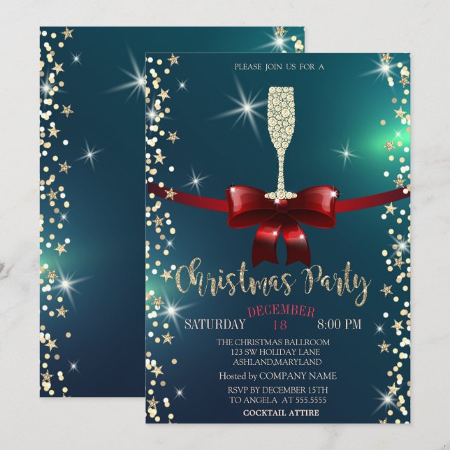 Stars,Champagne Glass,Red Bow Christmas Company  Invitation (Front/Back)