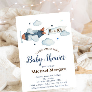 Stars,Clouds,Airplane Gold Glitter Baby Shower Invitation