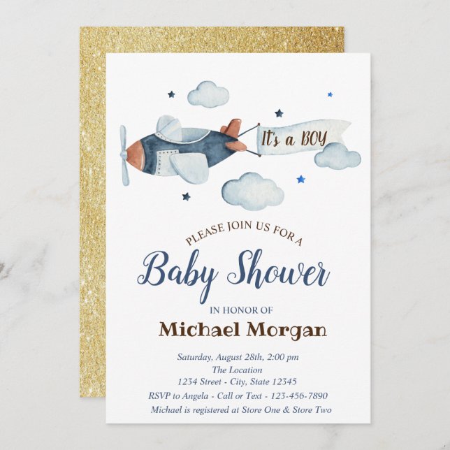 Stars,Clouds,Airplane Gold Glitter Baby Shower Invitation (Front/Back)